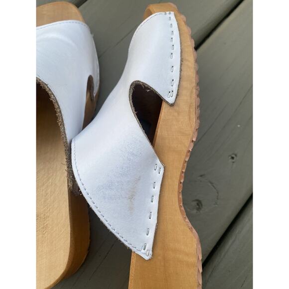 Women's Clogs Mules Sandals Open Toe Slip-On Sz 40,9.5White Leather Cut Out Wood - Picture 9 of 14